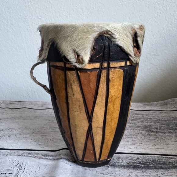 Hand carved 6" wooden drum wood percussion instrument decor African djembe fur. - Picture 2 of 5